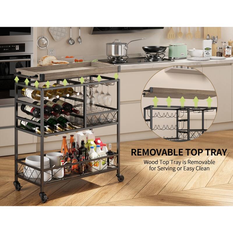 Bar Serving Cart, Bar Cabinet, Mobile Wine Cart with Lockable Wheels