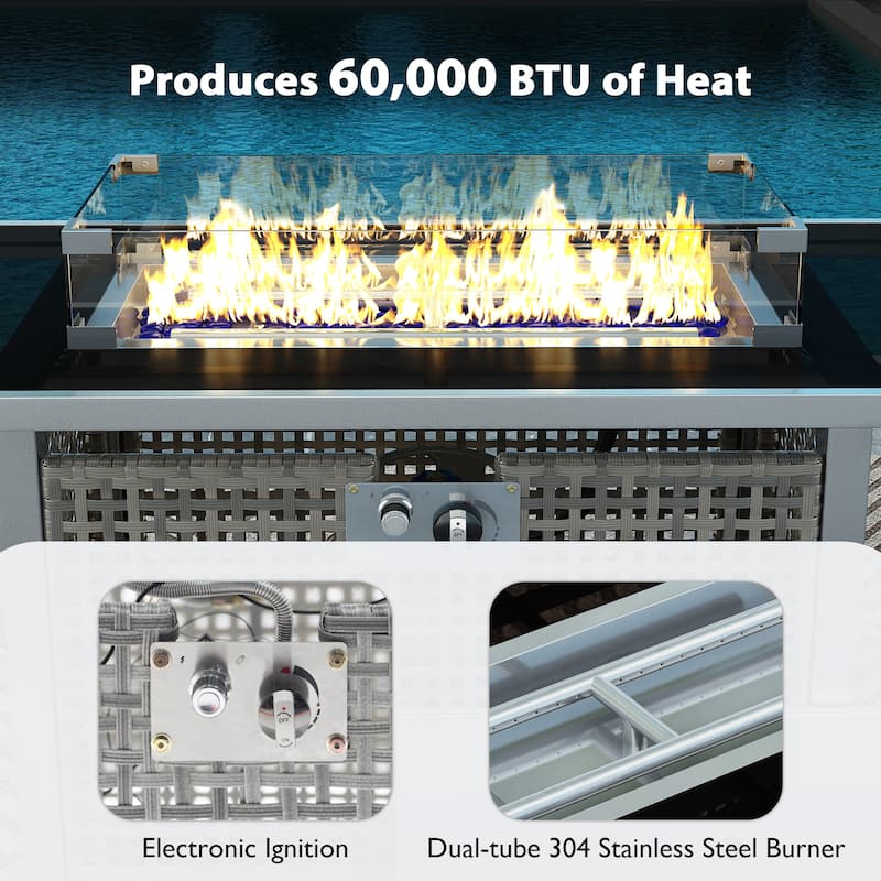 43" 60000 BTU Propane Wicker Gas Fire Pit Table w/ Glass Wind Guard