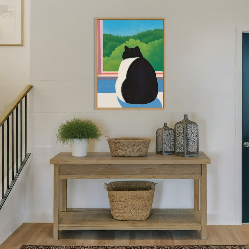 Fat Cat Looking out the Window by Little Dean Framed Canvas Wall Art