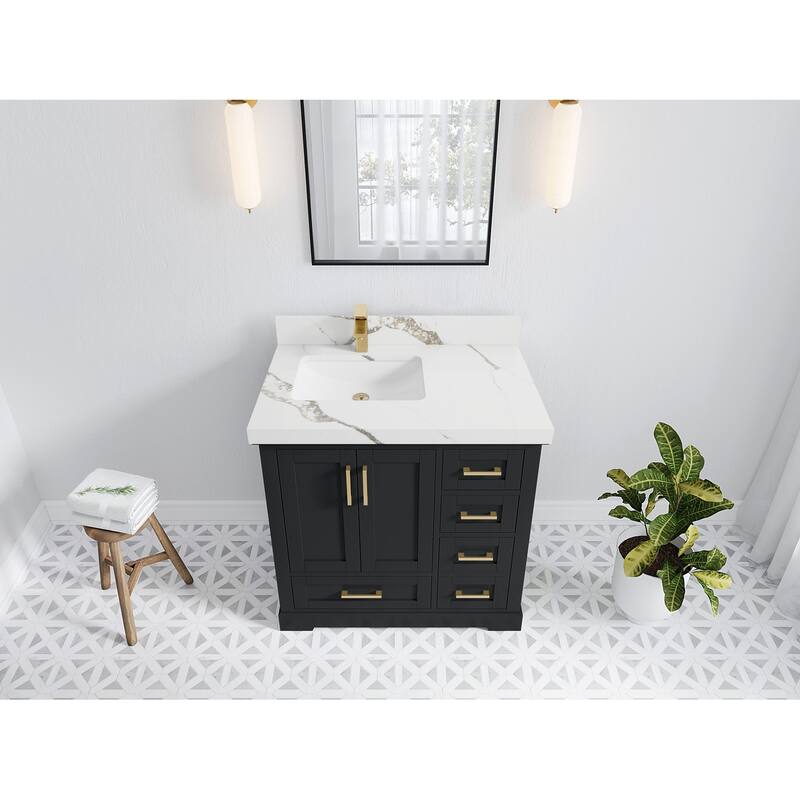 Willow Collections 36 x 22 Boston Left Offset Sink Bathroom Vanity with Quartz or Marble Countertop