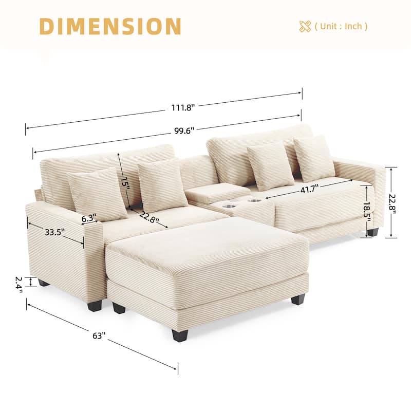 Oversized Corduroy Upholstered Sofa with a Removable Ottoman & 4 Pillows