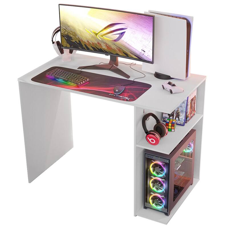 Madesa Gaming Computer Desk with 2 Shelves, Cable Management and Large Monitor Stand, Wood, 21" D x 39" W x 30" H - White
