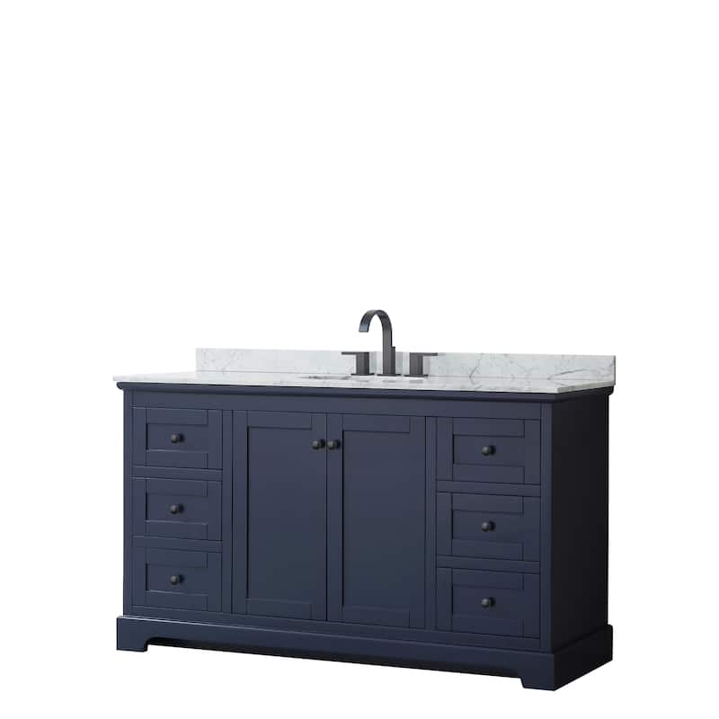 Avery 60-inch Single Vanity, Marble Top, Oval Sink, No Mirror - Dark Blue, Black Trim, White Carrara Marble Top