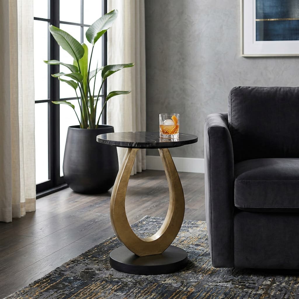 Round Accent Side Table with Curved Aluminum Base - 22", Gold & Black - 22.0"