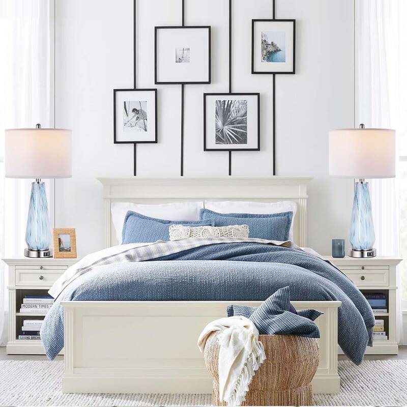 Modern Table Lamp Set of 2 Touch Control, 27" Tall Faded Swirl Blue Gray Art Glass Bedside Lamp with USB Ports, 3-Way Dimmable