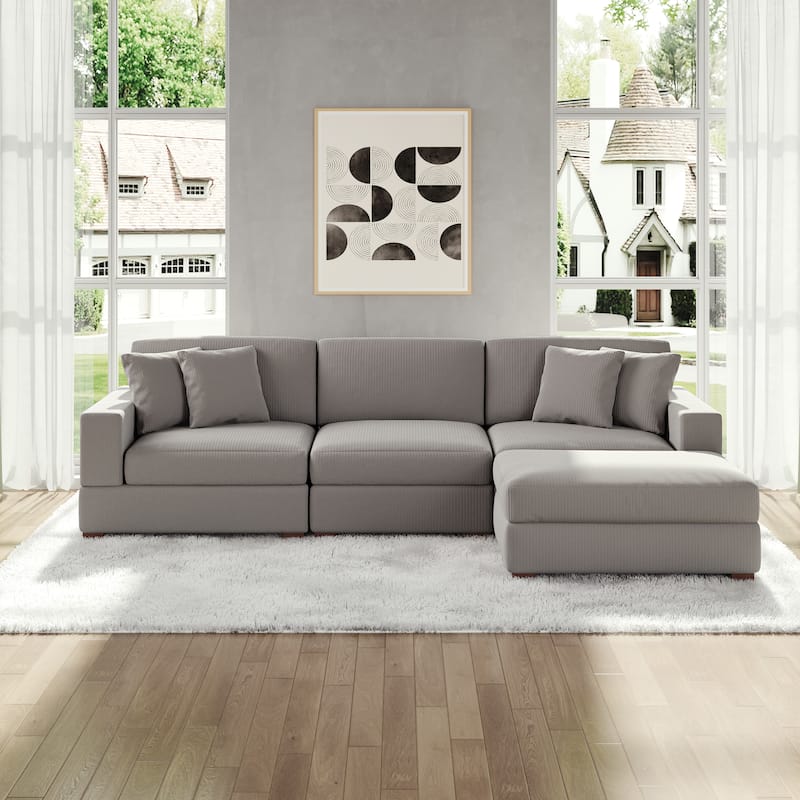 Modular Corduroy Sectional Sofa Set Chaise Couch with Ottoman - Light Grey-4 Piece