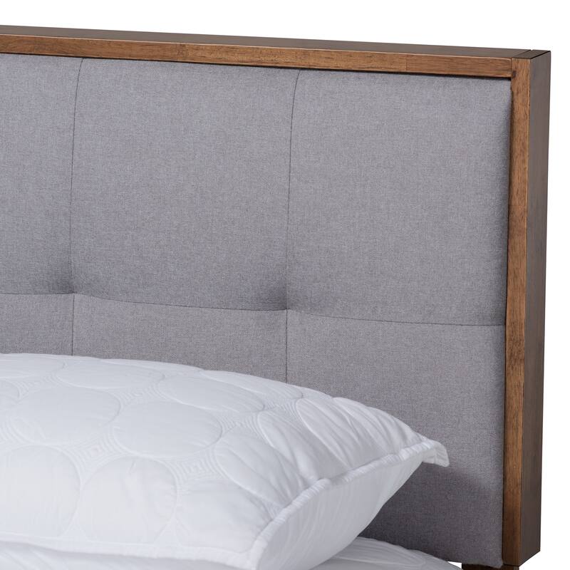 Light Grey Upholstered Platform Bed - Walnut Finish, Biscuit Tufted Headboard & Slats - 82"L x 62"W x 48"H