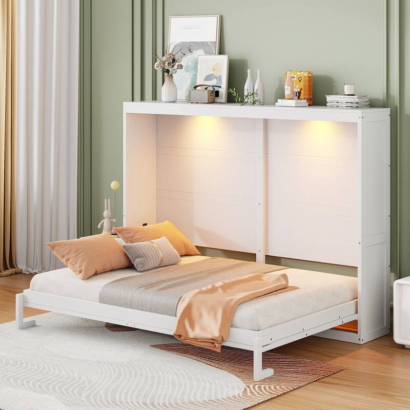 White Queen Murphy Bed with LED Lighting, Modern Wall Bed, No Box Spring Needed - White - Queen