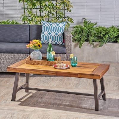 Industrial Acacia Wood Coffee Table with Slat Panel Top and Metal Frame