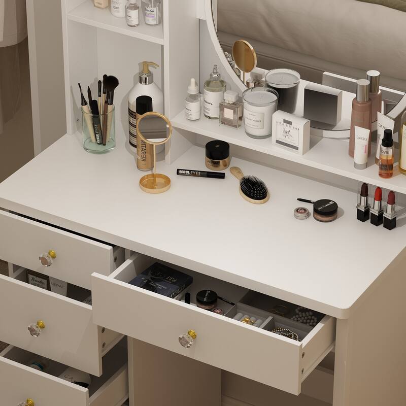 Makeup Vanity Set Dresser w/Mirror Stool 5 Drawers - White/Pink/Black - 31.5"L x 15.7"W x 52"H