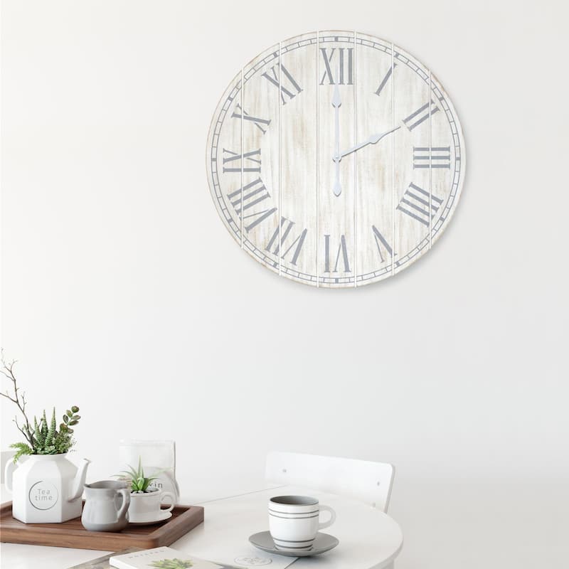 Country Rustic Coastal Round Wooden Wall Clock - 23" - White