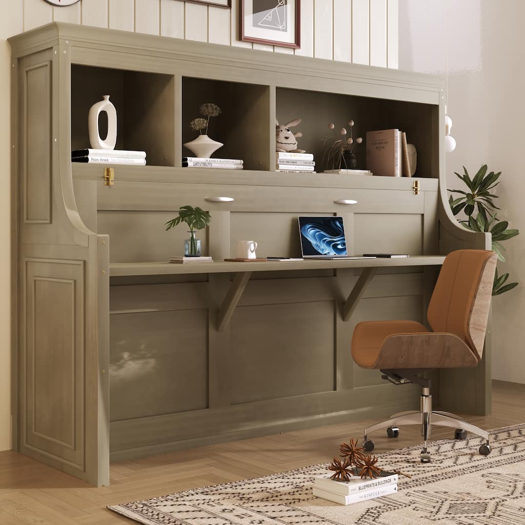 GDFStudio - Modern Wooden Twin Murphy Bed with Desk and Storage Shelves