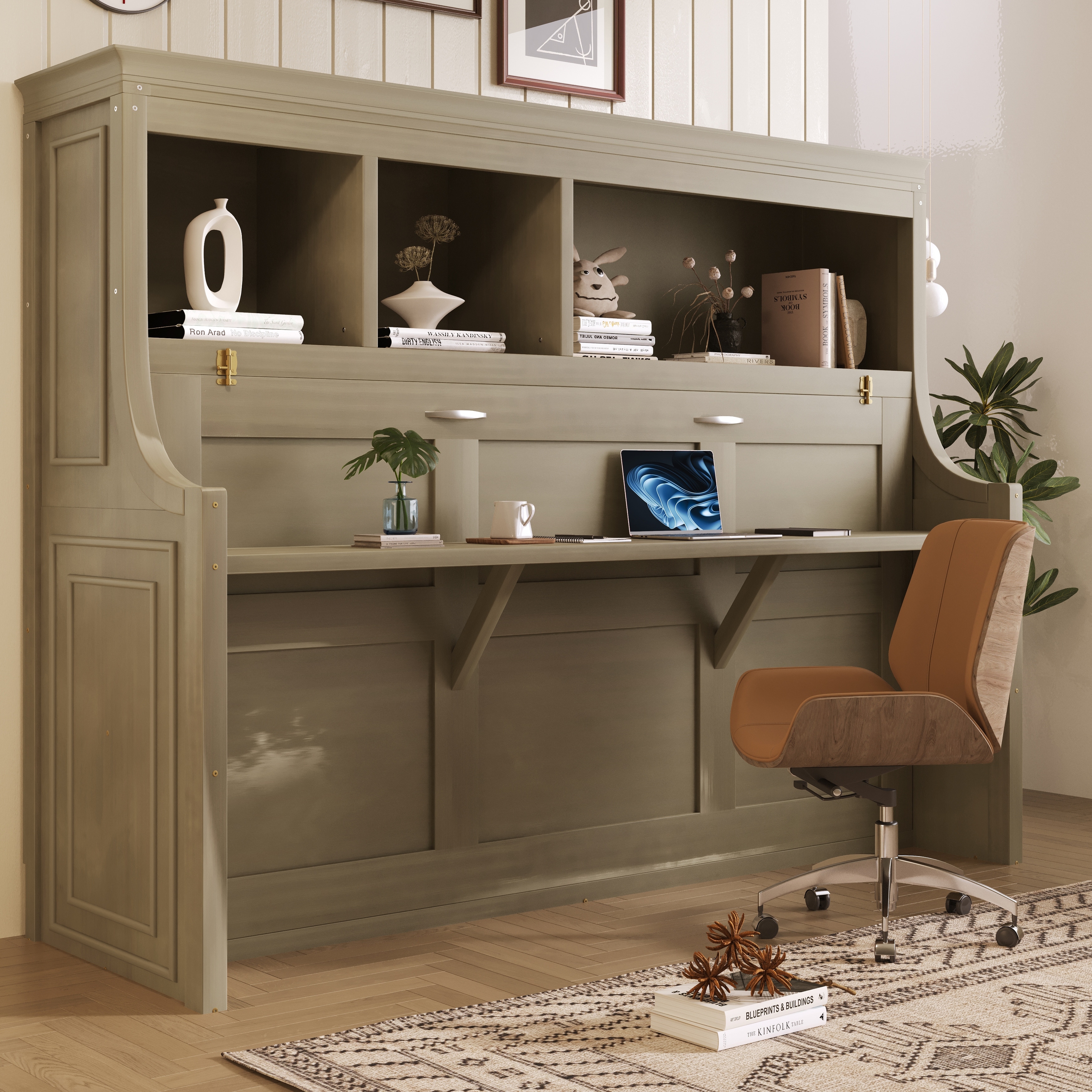 GDFStudio - Modern Wooden Murphy Bed with Desk and Storage Shelves