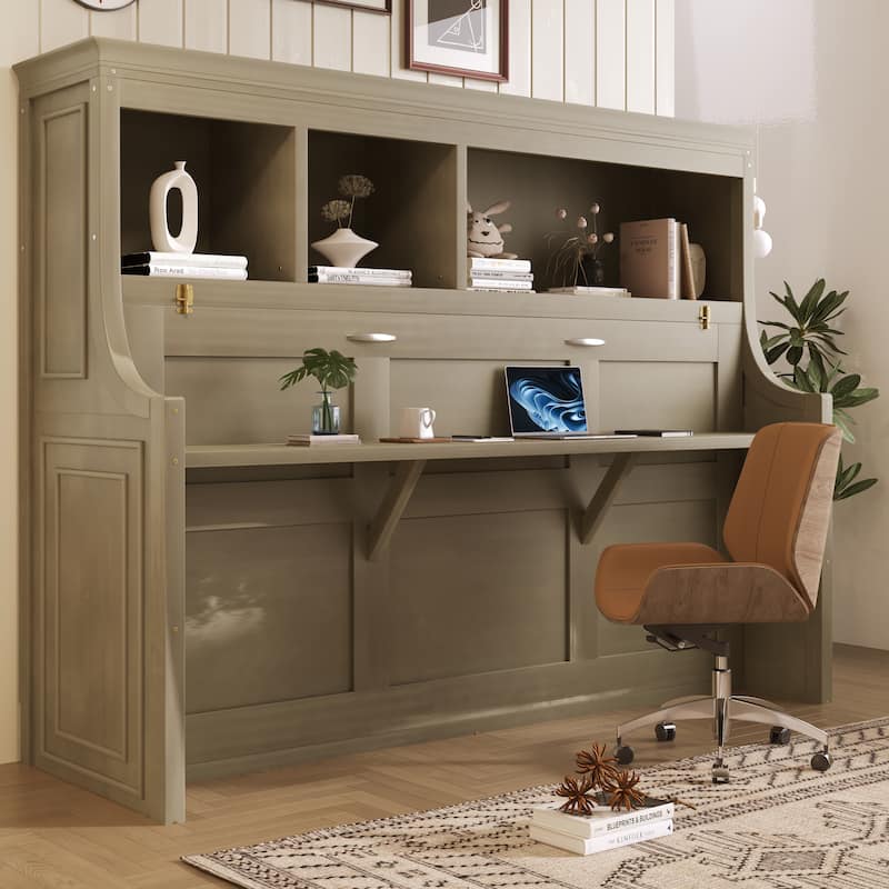 Murphy Bed with Desk Open Storage Shelves Twin Size - Grey - Twin