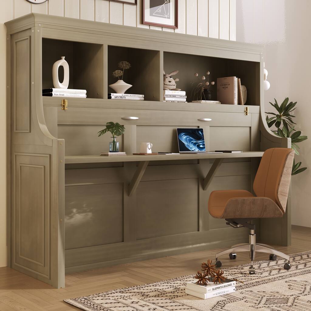 Murphy Bed with Desk Open Storage Shelves Twin Size