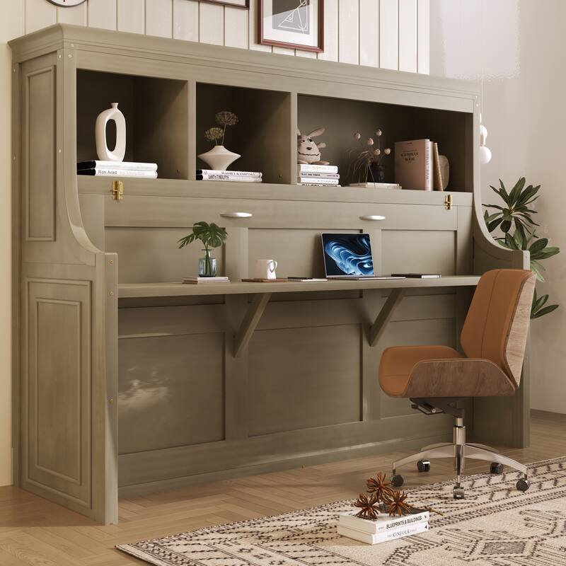 Roomfitters Twin Murphy Bed with Fold-Down Desk and Storage Shelves - Gray - Twin