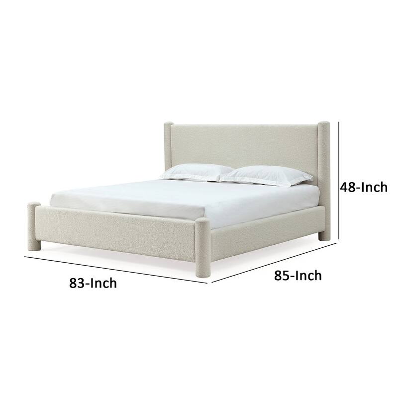 Kizo King Size Platform Bed, Cream Boucle Fabric, Panel Headboard, Slats