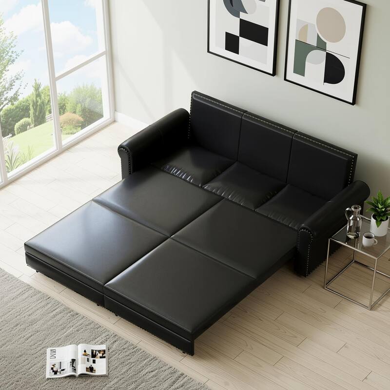 Homy Casa Faux Leather Pull-Out Sofa Bed, 2-in-1 Convert Sleeper Couch