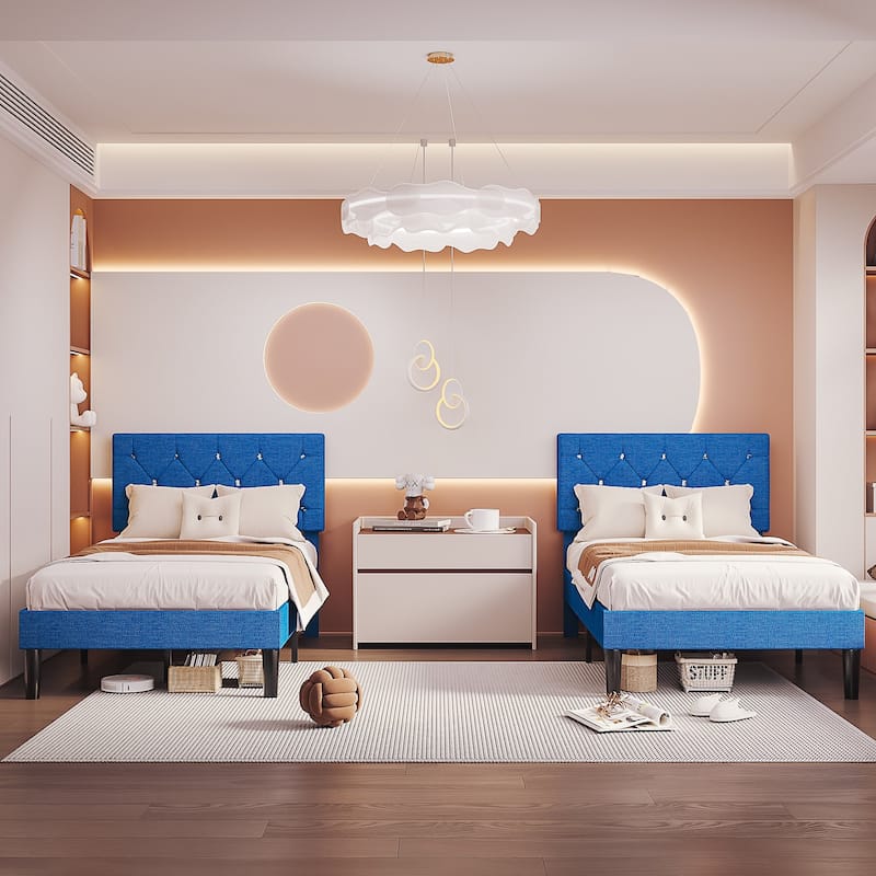 VECELO 2 Pack Upholstered Twin Size Kids Bed Frame Set of 2 Diamond Tufted Headboard with Crystal/Button Accents - Blue