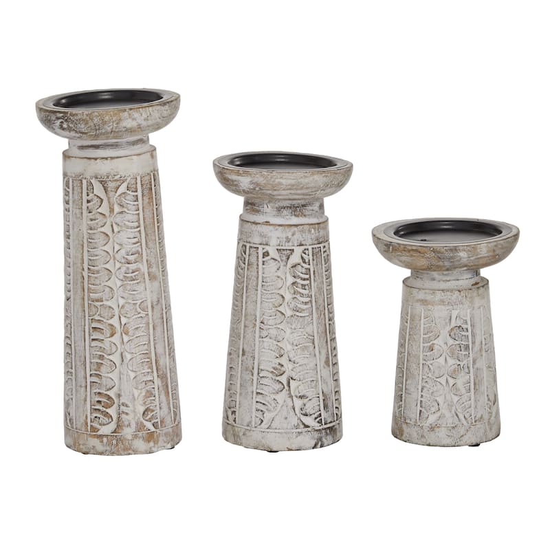 Wood Floral Handmade Intricate Carved Pillar Candle Holder - Set of 3 White - Roche River Decor - 4"W x 4"L x 10"H