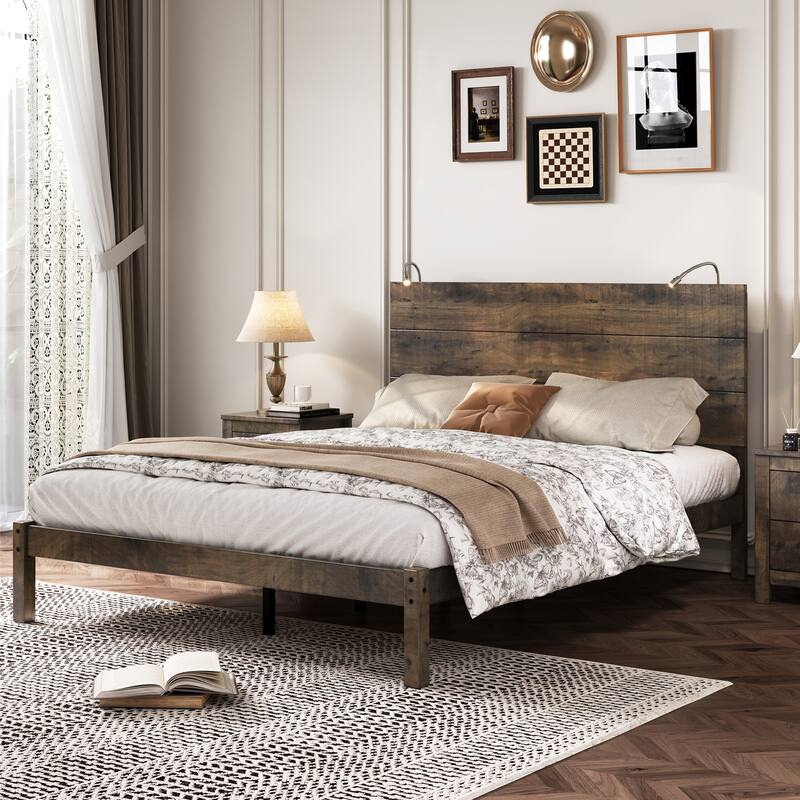 Wooden Platform Bed with Headboard, Bed Frame with 2 Bedside Lights, No Box Spring Needed, Noise-Free