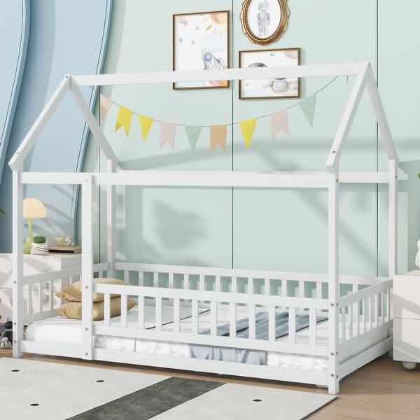 slide 2 of 11, Twin Size Wooden Floor Bed with Roof Frame and Safety Guardrails, White White - Twin