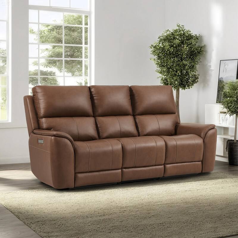 86.5" W Premium Genuine Leather Triple-Power Sofa with Zero Gravity, Ajustable Headrest - Light Brown