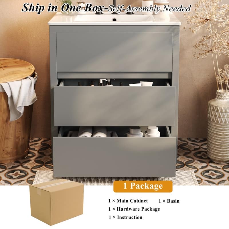 30" Bathroom Vanity with Ceramic Sink and 2 Full-Extension Drawers