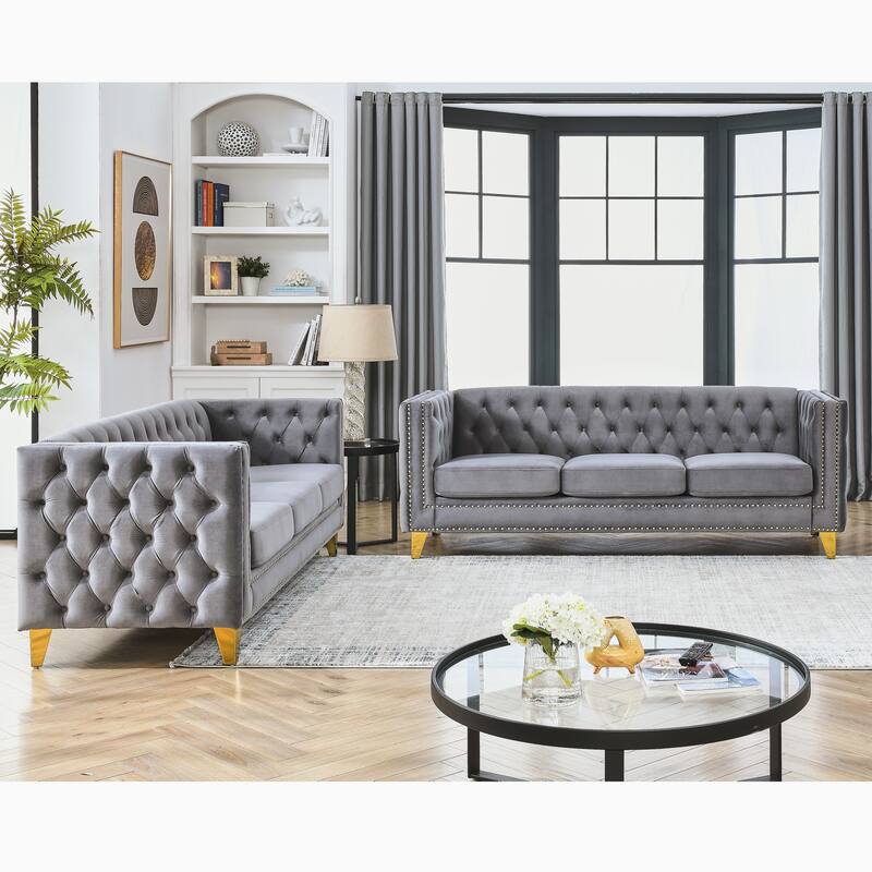 Classic Chesterfield Velvet Sofa Set, 2-Piece Button-Tufted 3-Seater Couch with Nailhead Trim and Metal Legs
