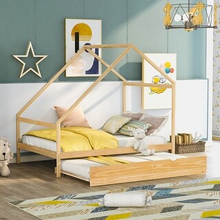 Full Size Wooden House Bed with Twin Size Trundle