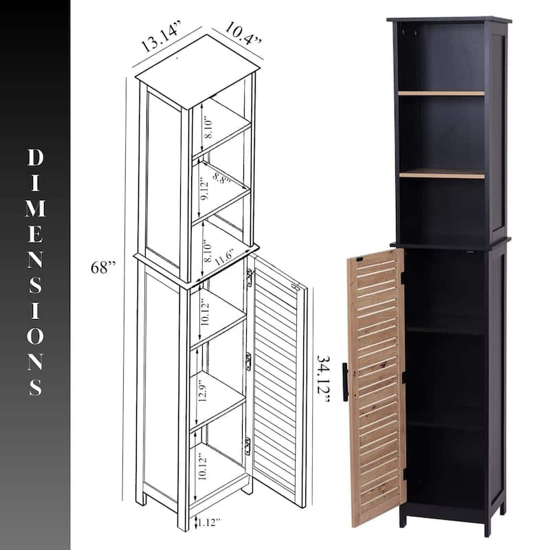 Tall Bathroom Storage Cabinet with Open Shelves and Vented Door, Black and Brown - Bergen Collection - 12 7/8"L x 10.4"W x 68"H
