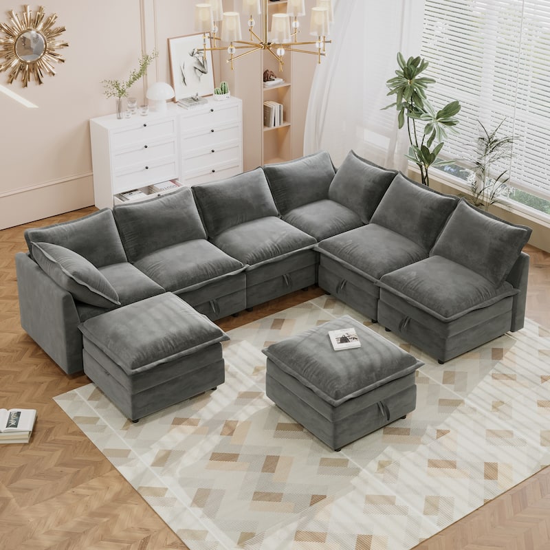 8pc Modular Sofa Bed wStorage and Ottoman, U-shape Upholstered Couch