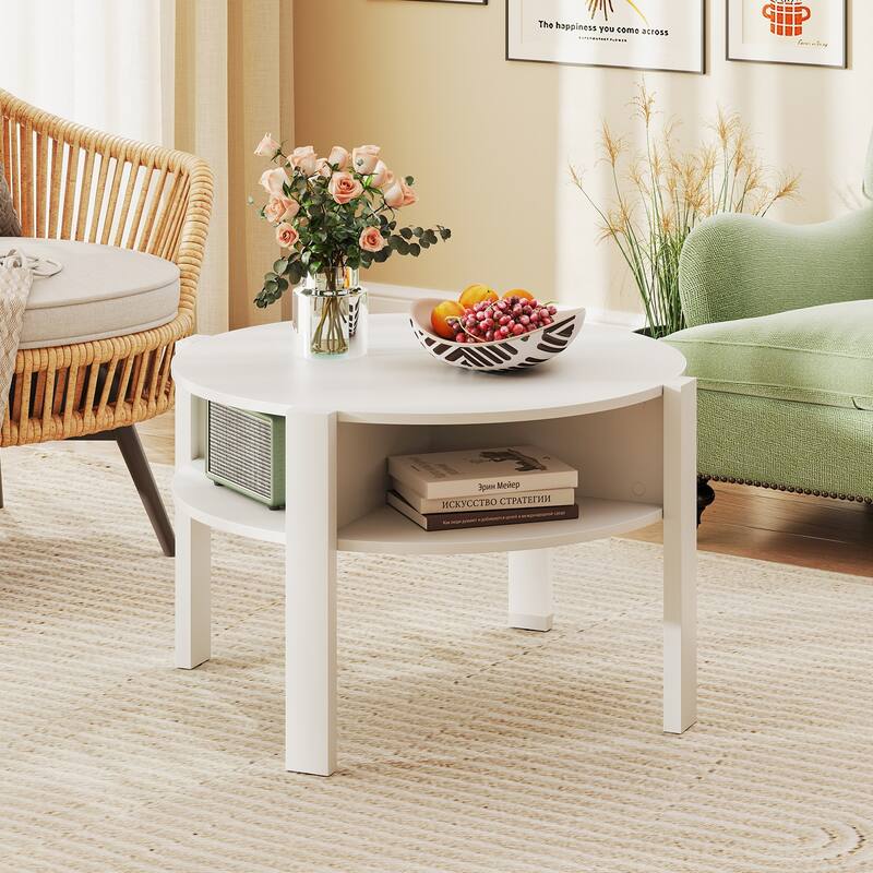 Gymax 29.5'' 2-Tier Round Coffee Table w/ Storage 4 Shelves Faux