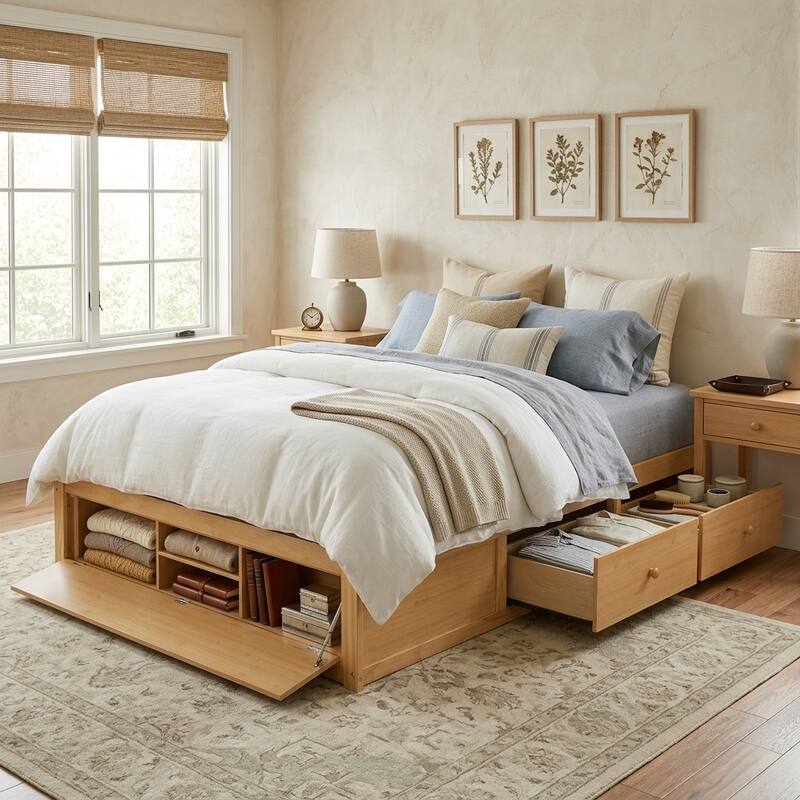 Queen Platform Bed Frame with Underbed Storage by Harper&Bright Designs - Natural