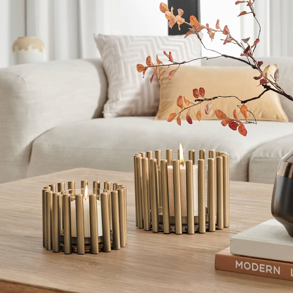 Danya B. Pela Pillar Ring Warm Gold Midcentury Modern Votive Hurricane Candle Holders - Set of 2 - 7.375 X 7.375 X 5.375