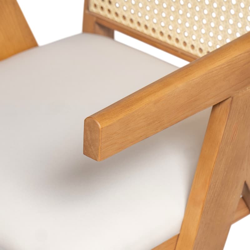 Farmhouse Rattan Dining Chairs Set of 2, Upholstered Armchairs with Backrest, Kitchen Side Chairs with Solid Wood Frame