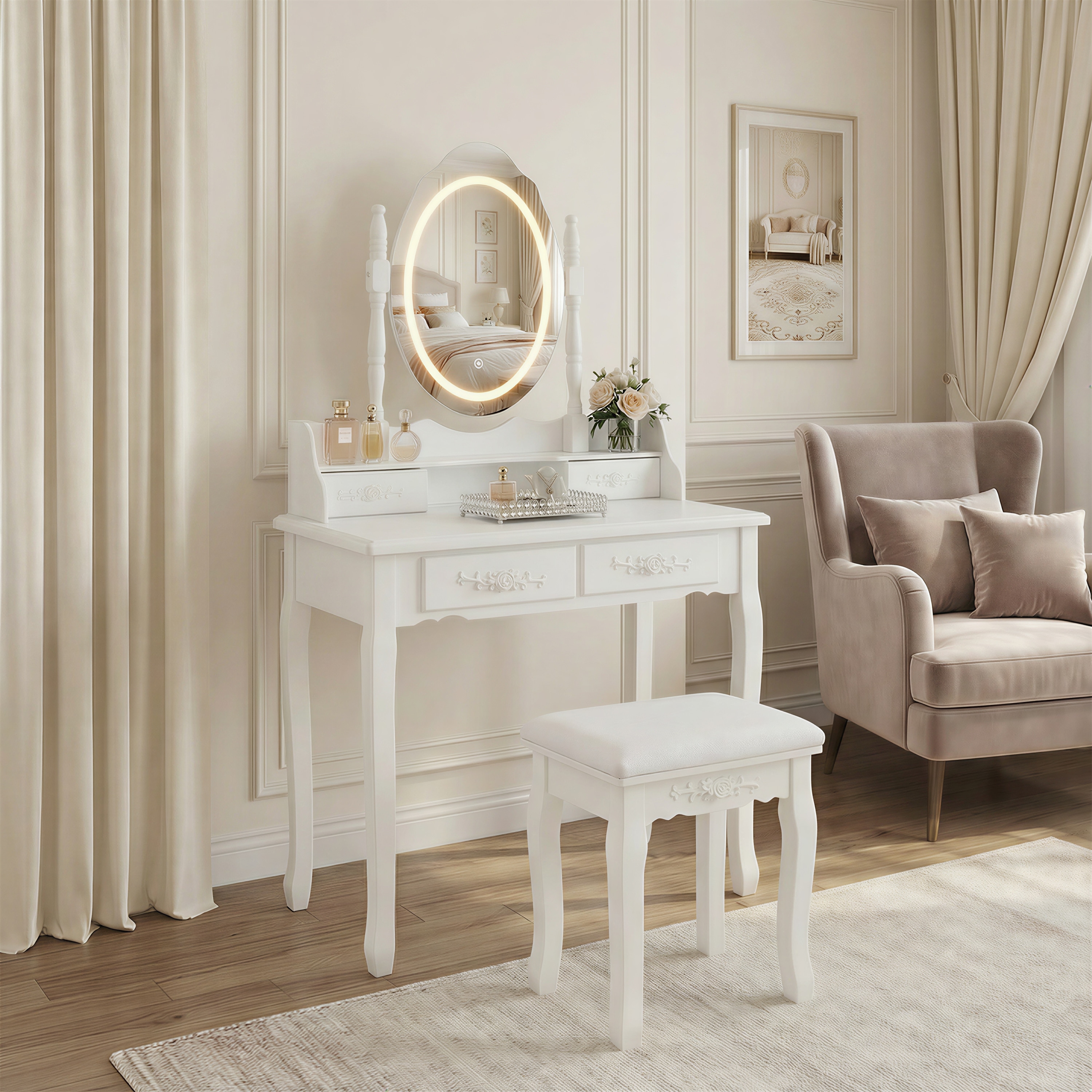 White Princess Vanity Desk Set with Cushioned Stool& Light Modes,4-Drawer