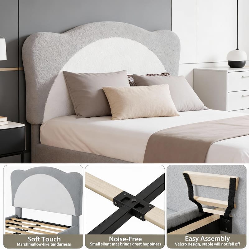 Upholstered Bed Frame, with Panda-Shaped Headboard