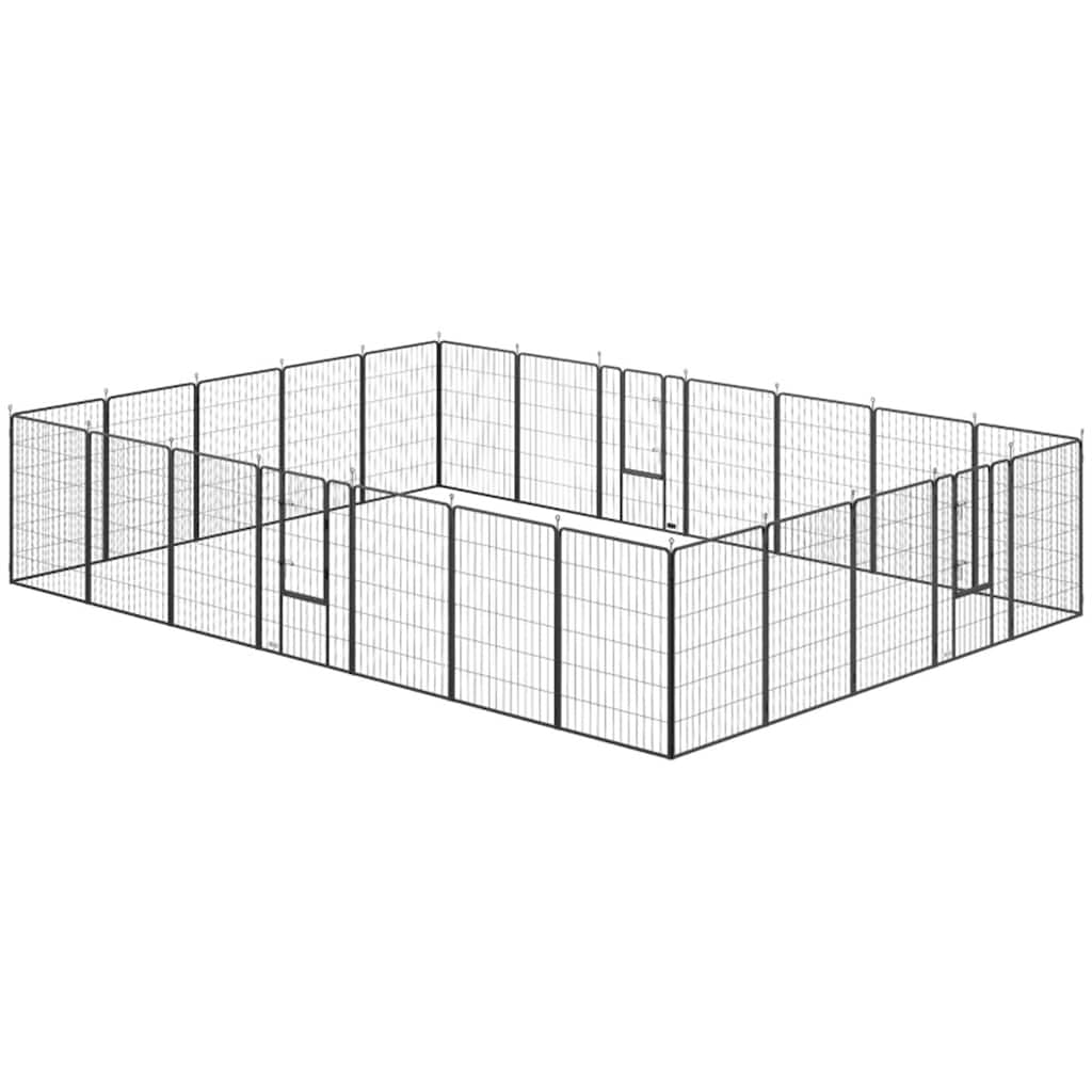 Black Steel 24-Panel Adjustable Pet Playpen with Doors and Ground Stakes - 220.5" L x 157.5" W x 44.5" H
