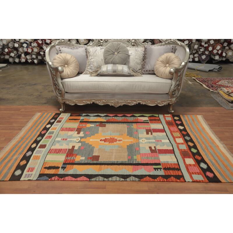 Hand Woven Oriental 100% Wool Carpet Southwestern Tribal Multi-Colored Kilim Area Rug - 7' 9'' X 5' 1''