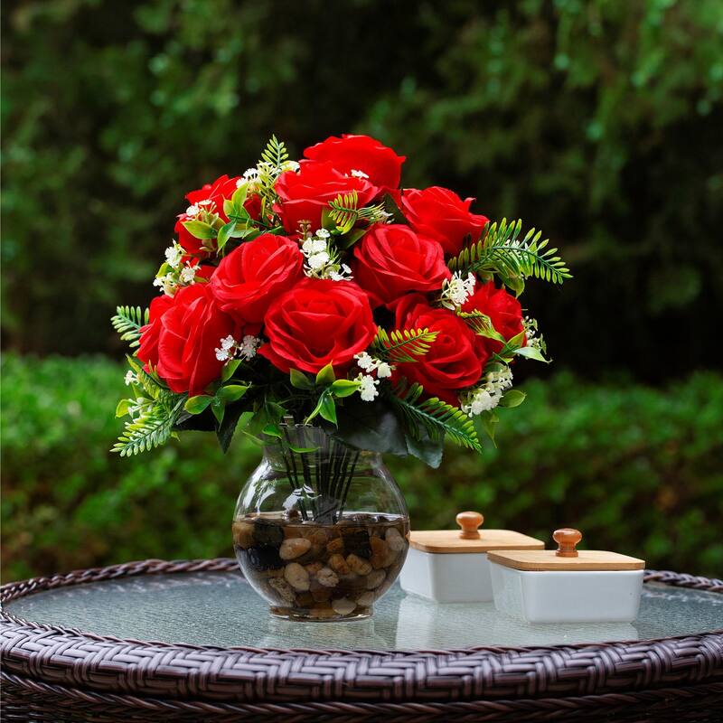 18 Heads Silk Rose Flower in Clear Glass Vase With Faux Water and River Stone for Home Decor, Wedding Table