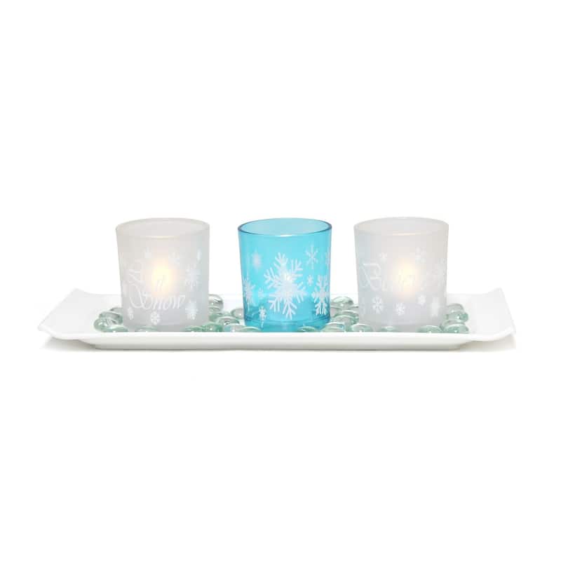 5-Piece Snowflake Christmas Candle Holder Display Set 14" White Blue
