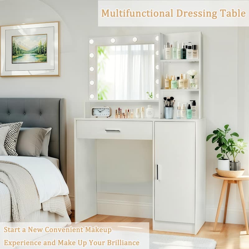Vanity Desk with Mirror and Lights, Makeup Vanity with Drawer & Storage Cabinet, Adjustable Brightness, with Open Shelves