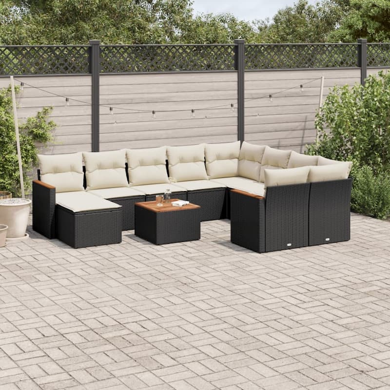 vidaXL Patio Sofa Set with Cushions Outdoor Furniture 11 Piece Poly Rattan - 24.4 x 24.4 x 27.2 in - Black and cream