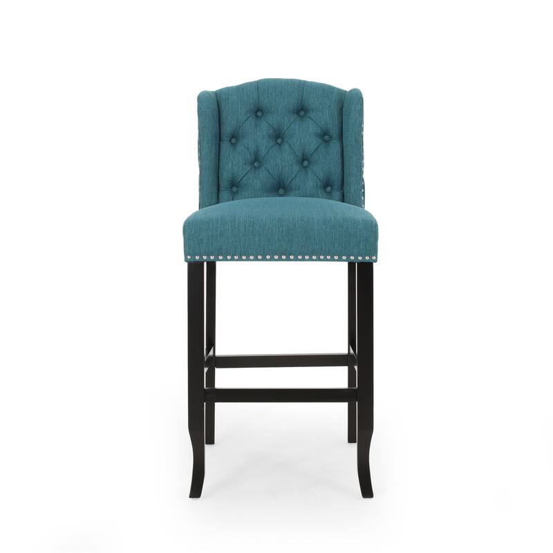 Seliva Barstool Chair Set of 2, Teal Fabric, Tufted Back, Brown Rubberwood