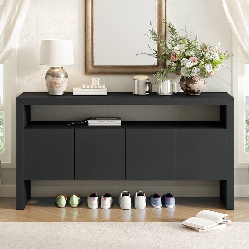Solid Wood Veneer Sideboard with Open Shelf - Black