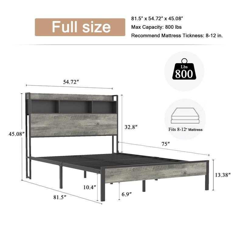 Roomfitters Metal Bed Frame with Storage Headboard, Charging Station, No Box Spring Needed, Easy Assembly, Grey