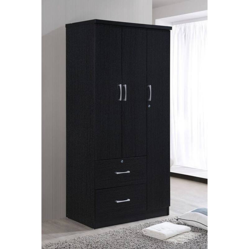 Hodedah Import 3 Door Armoire with Clothing Rod, Shelves, and 2 Drawers, Black - 187