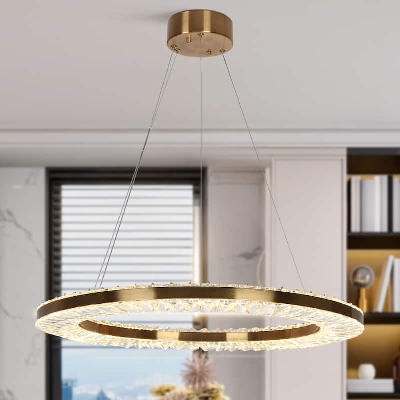 Modern 1-Light LED Gold Crystal Chandelier for Dining Room - Dia. 23.6" x H 1.4"