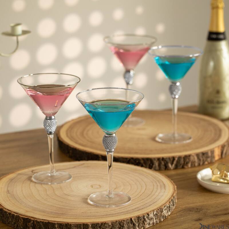 Premium Clear Stem Crystal Martini Glasses with Rim and Diamond-like Rhinestones, Elegant 10oz Glassware Set for Cosmopolitan